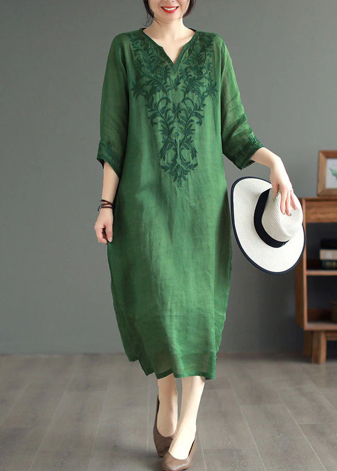 White Patchwork Linen Dresses V Neck Embroideried Bracelet Sleeve - Image 2