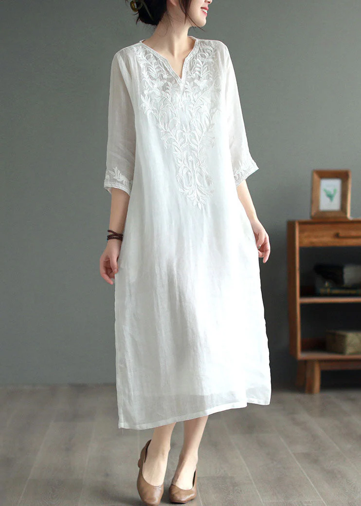 White Patchwork Linen Dresses V Neck Embroideried Bracelet Sleeve - Image 4