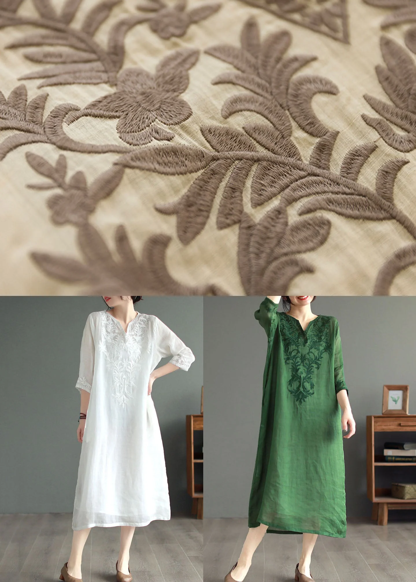 White Patchwork Linen Dresses V Neck Embroideried Bracelet Sleeve - Image 5