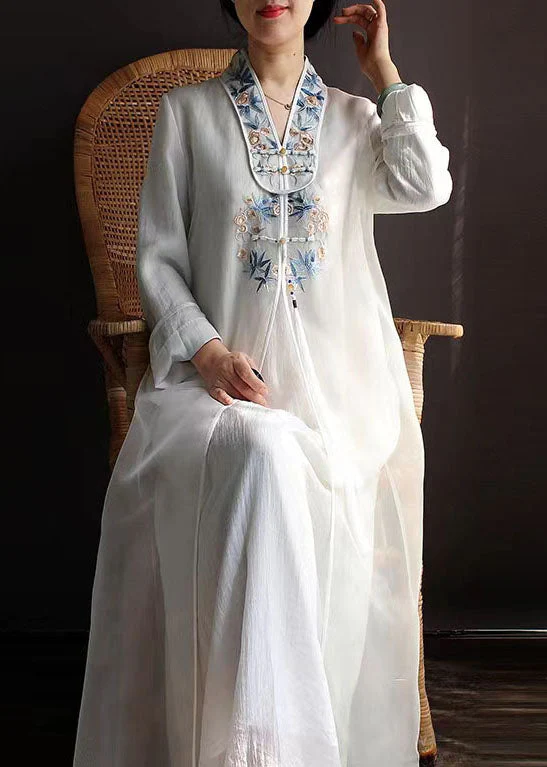 White Patchwork Silk Dress Tasseled Embroideried Spring - Image 2