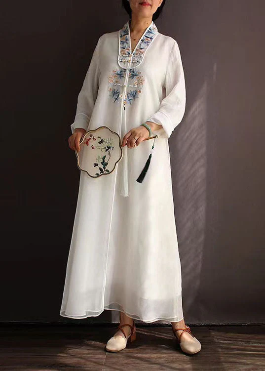 White Patchwork Silk Dress Tasseled Embroideried Spring - Image 3