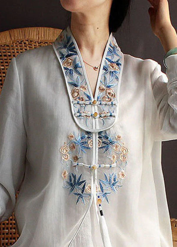 White Patchwork Silk Dress Tasseled Embroideried Spring - Image 4