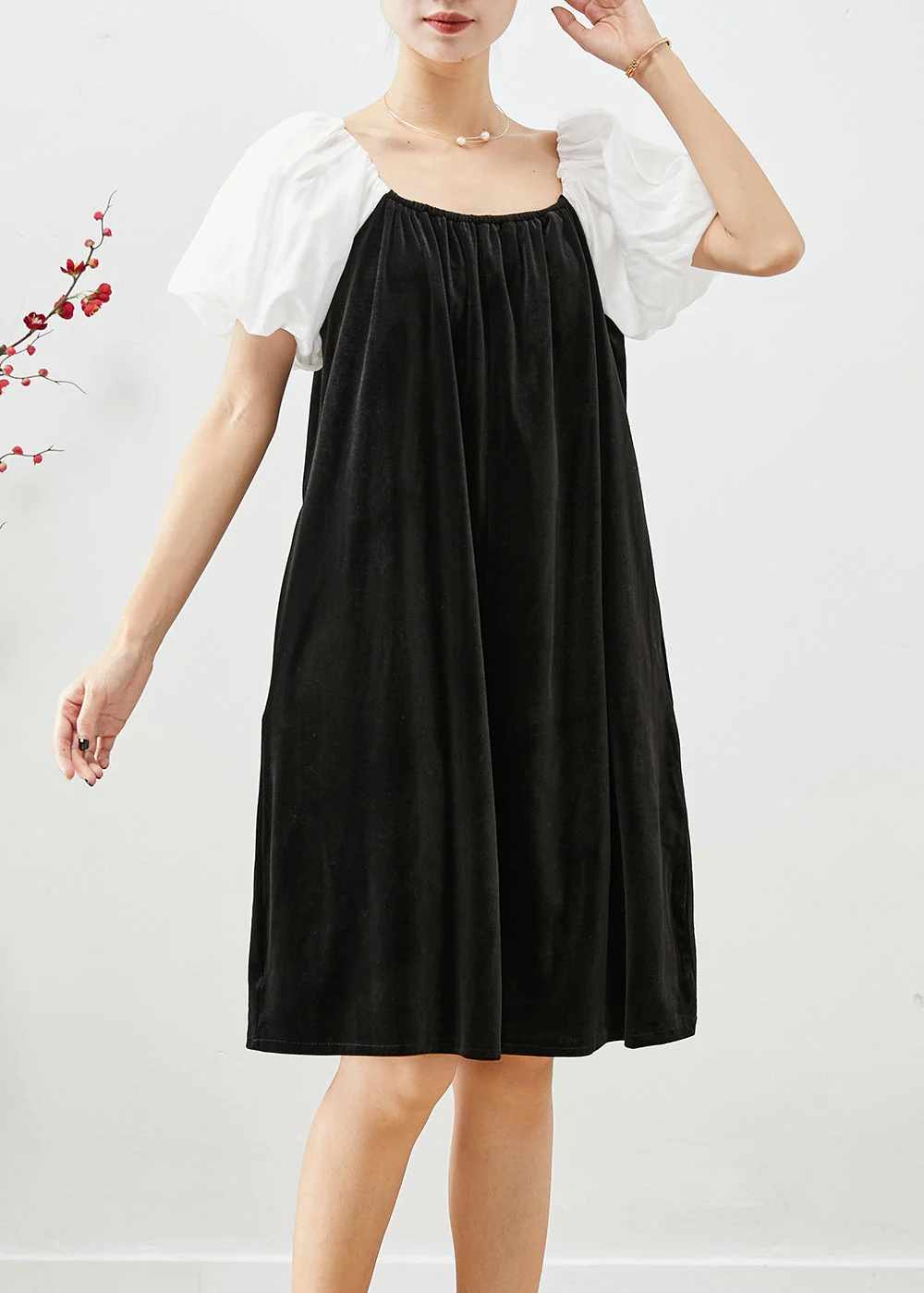 White Patchwork Silk Velour Dresses Oversized Square Collar Puff Sleeve - Image 2