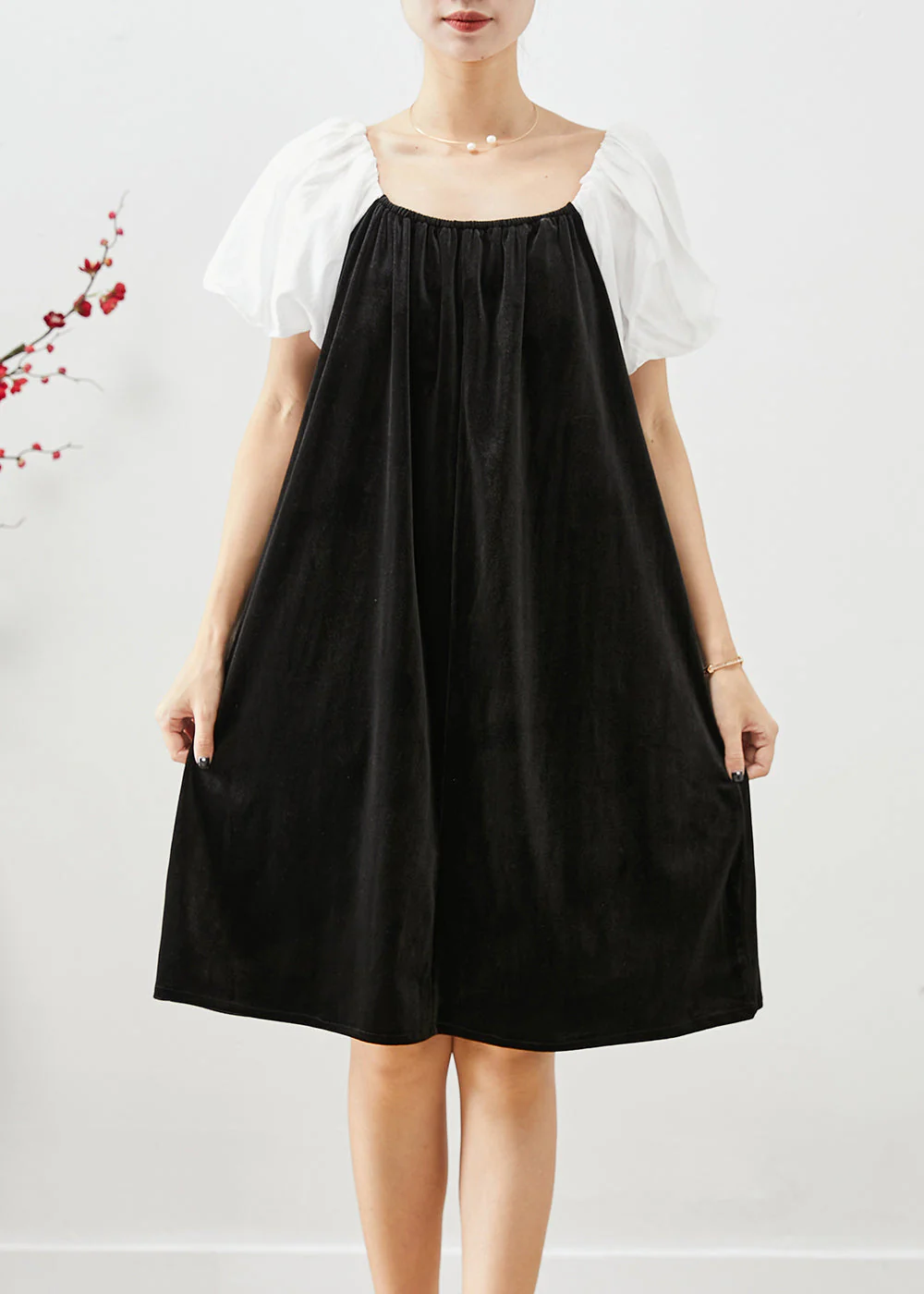 White Patchwork Silk Velour Dresses Oversized Square Collar Puff Sleeve - Image 3