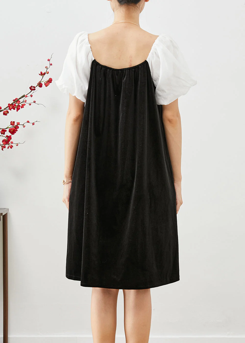 White Patchwork Silk Velour Dresses Oversized Square Collar Puff Sleeve - Image 4