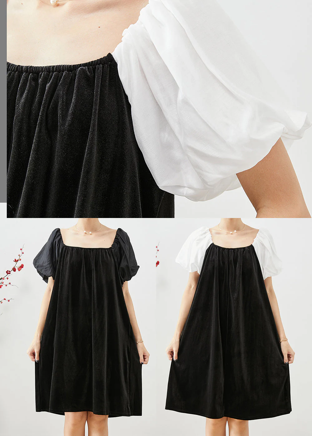 White Patchwork Silk Velour Dresses Oversized Square Collar Puff Sleeve - Image 5