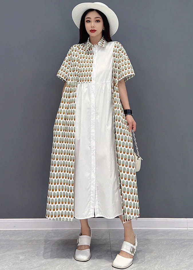 White Peter Pan Collar Cotton Shirt Dress Asymmetrical Design Print Short Sleeve - Image 2