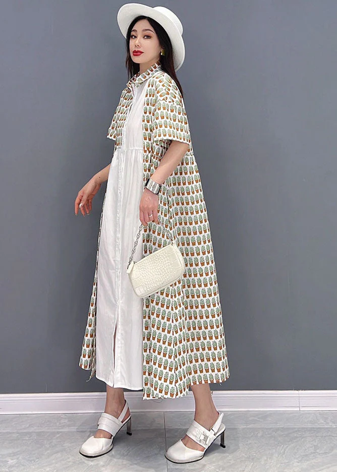 White Peter Pan Collar Cotton Shirt Dress Asymmetrical Design Print Short Sleeve - Image 3