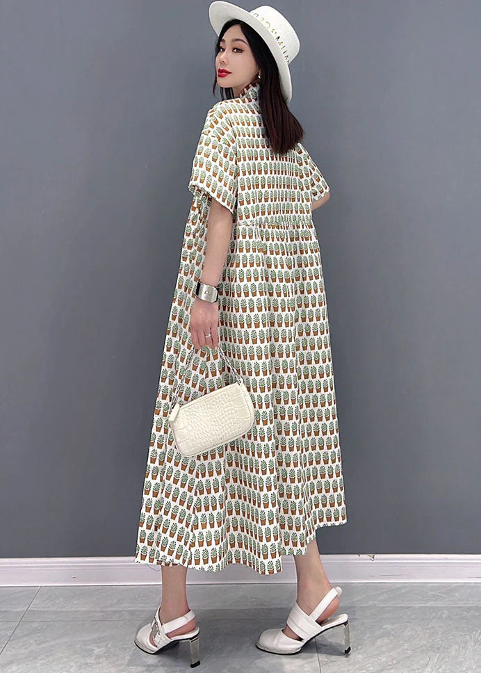 White Peter Pan Collar Cotton Shirt Dress Asymmetrical Design Print Short Sleeve - Image 4