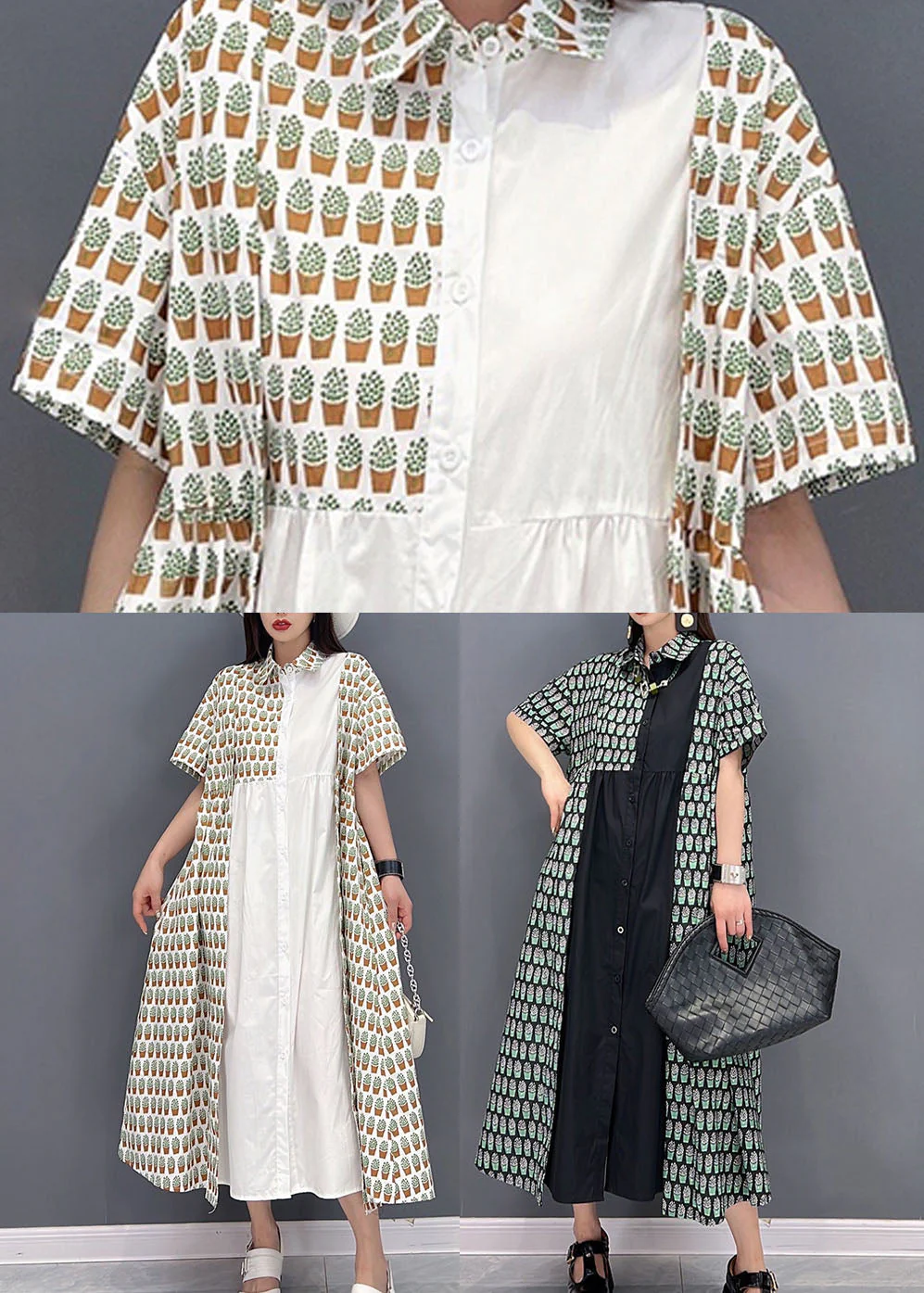 White Peter Pan Collar Cotton Shirt Dress Asymmetrical Design Print Short Sleeve - Image 5