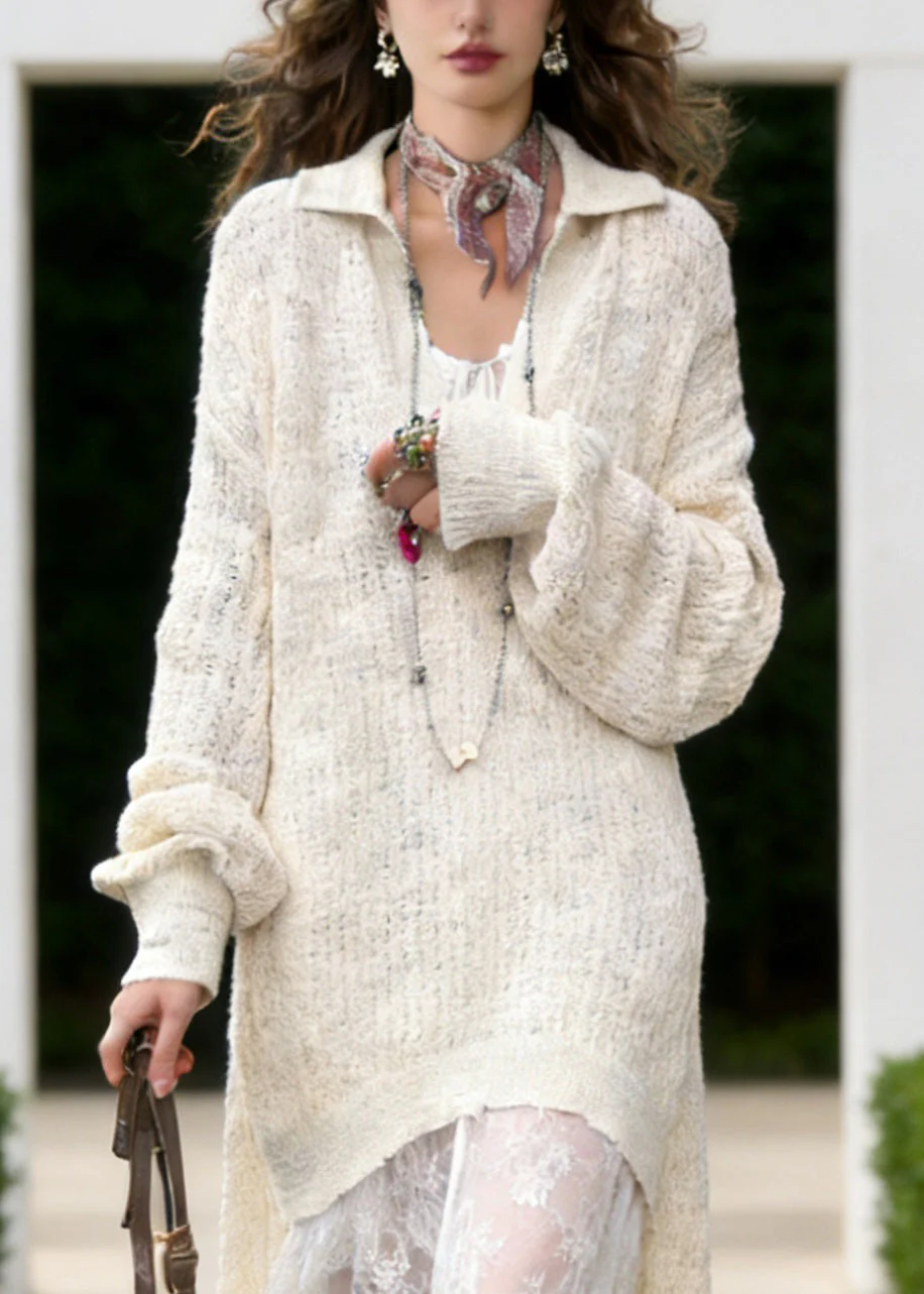 White Peter Pan Collar Knit Long Sweaters And Lace Maxi Dress Two Piece Set Lantern Sleeve - Image 2