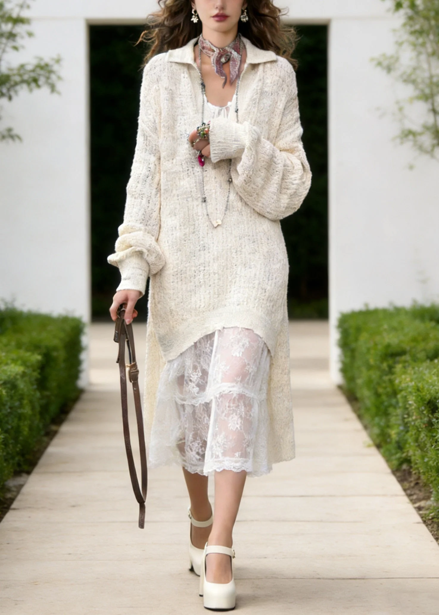 White Peter Pan Collar Knit Long Sweaters And Lace Maxi Dress Two Piece Set Lantern Sleeve - Image 5