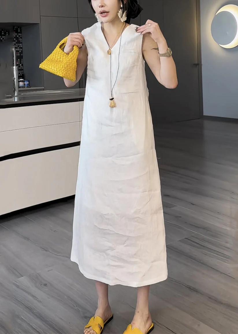 White Pockets False Two Pieces Cotton Long Dress V Neck Summer - Image 2