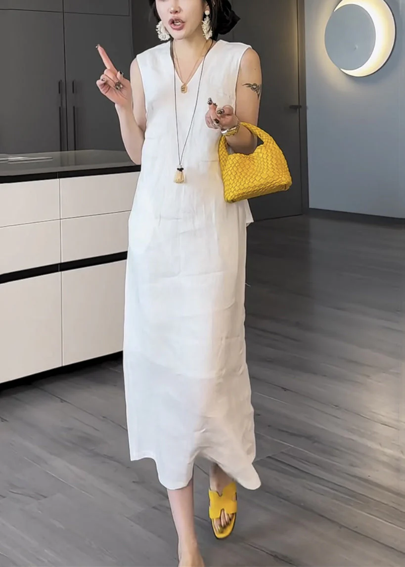 White Pockets False Two Pieces Cotton Long Dress V Neck Summer - Image 3