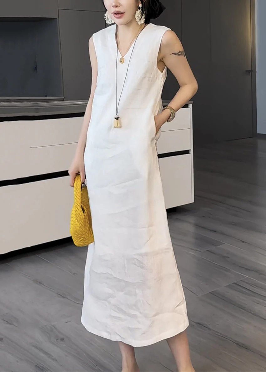 White Pockets False Two Pieces Cotton Long Dress V Neck Summer - Image 4