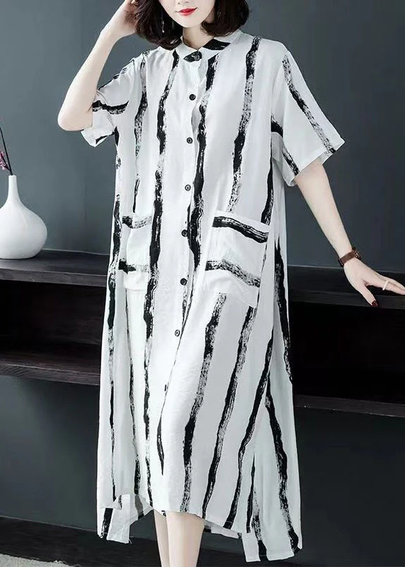 White Pockets Patchwork Cotton Shirts Dresses O Neck Short Sleeve - Image 2