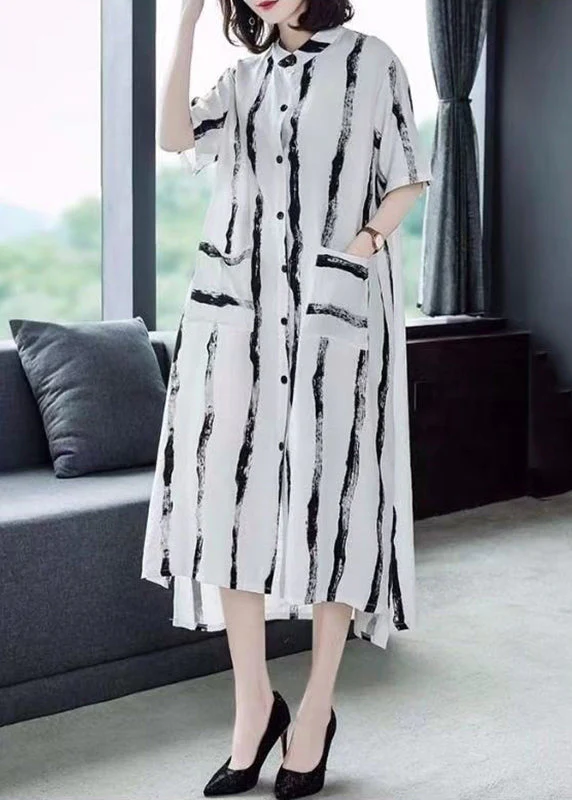White Pockets Patchwork Cotton Shirts Dresses O Neck Short Sleeve - Image 4