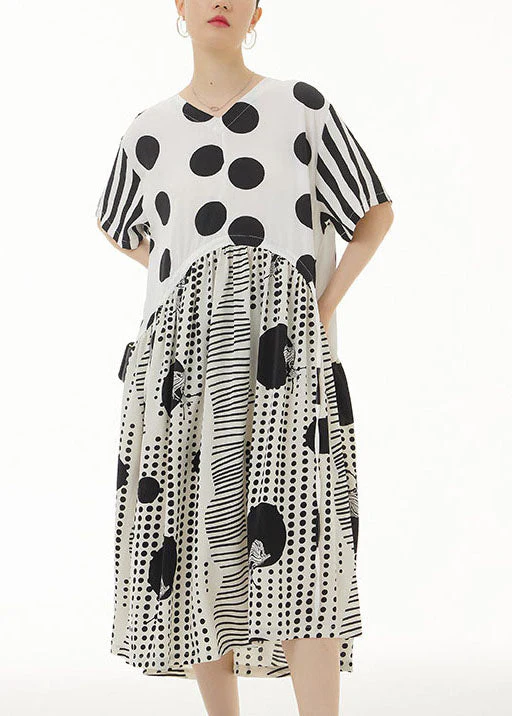 White Print Chiffon Dresses Asymmetrical V Neck Wrinkled Summer - Image 2
