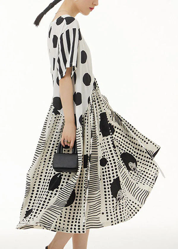 White Print Chiffon Dresses Asymmetrical V Neck Wrinkled Summer - Image 3
