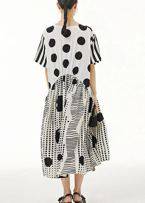 White Print Chiffon Dresses Asymmetrical V Neck Wrinkled Summer - Image 4