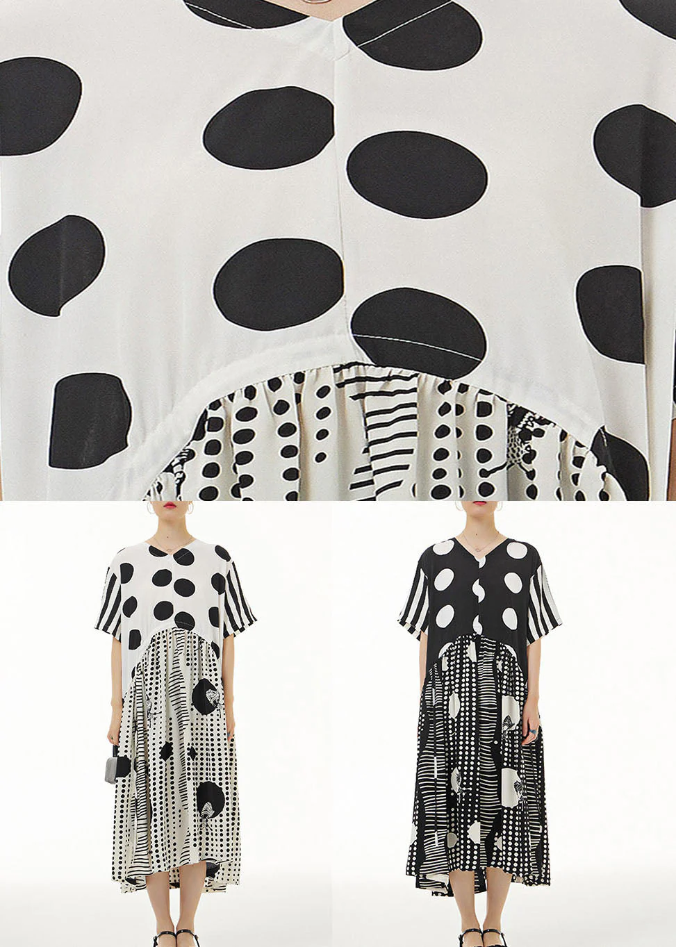 White Print Chiffon Dresses Asymmetrical V Neck Wrinkled Summer - Image 5