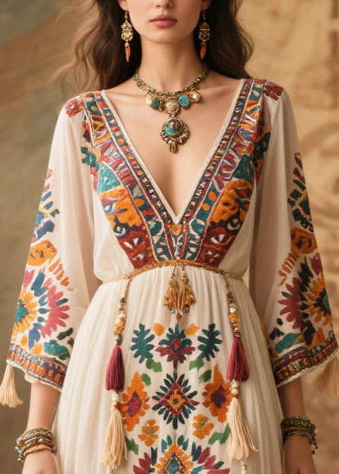 White Print Chiffon Maxi Dresses Tasseled Bracelet Sleeve - Image 2