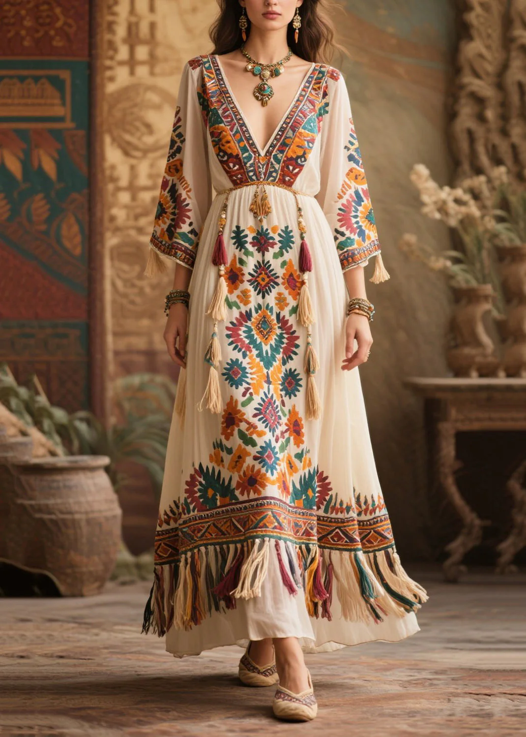 White Print Chiffon Maxi Dresses Tasseled Bracelet Sleeve - Image 3