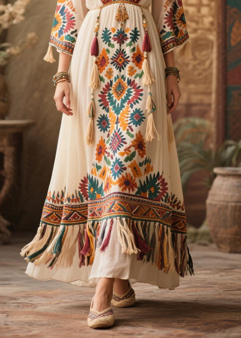 White Print Chiffon Maxi Dresses Tasseled Bracelet Sleeve - Image 4