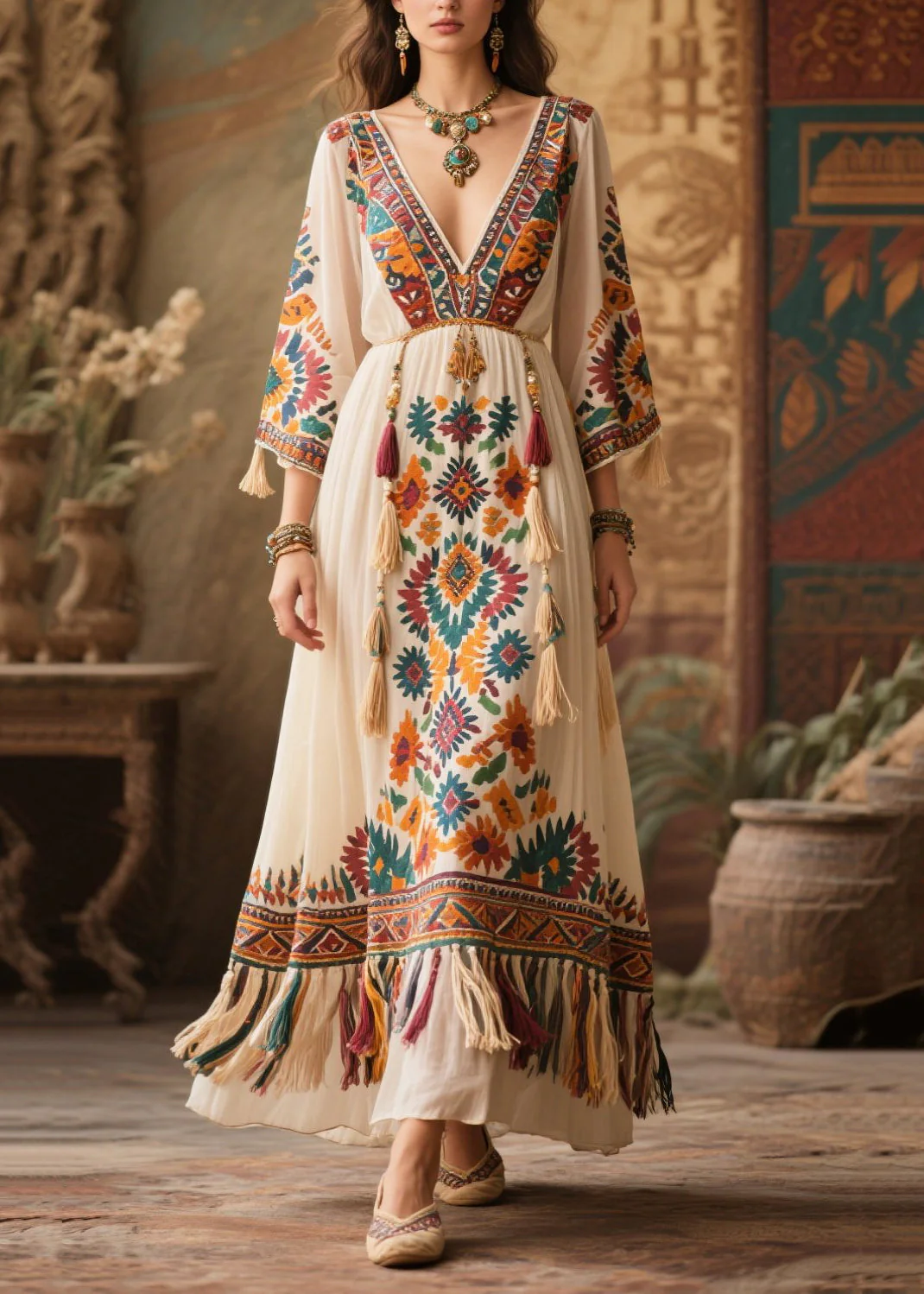 White Print Chiffon Maxi Dresses Tasseled Bracelet Sleeve - Image 5