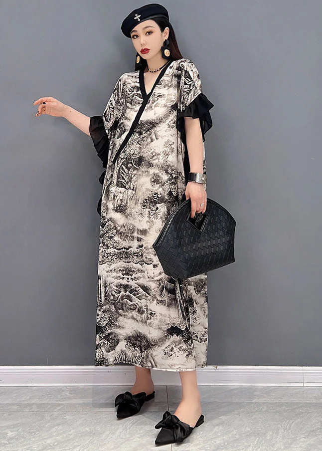 White Print Chiffon Party Dress V Neck Ruffled Butterfly Sleeve - Image 2