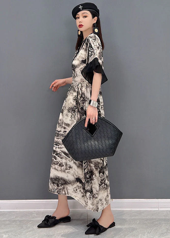 White Print Chiffon Party Dress V Neck Ruffled Butterfly Sleeve - Image 3