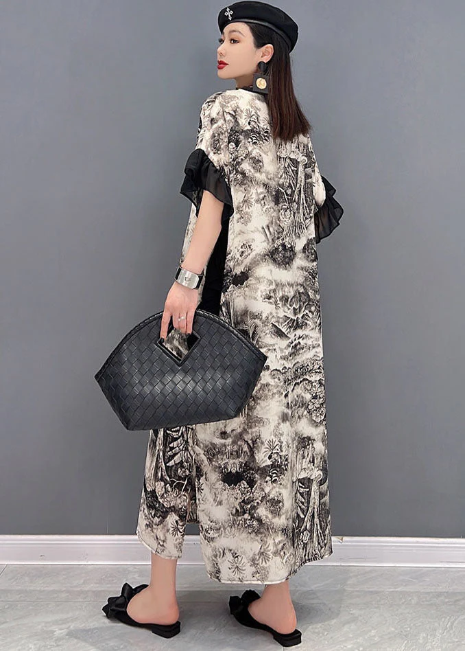 White Print Chiffon Party Dress V Neck Ruffled Butterfly Sleeve - Image 4