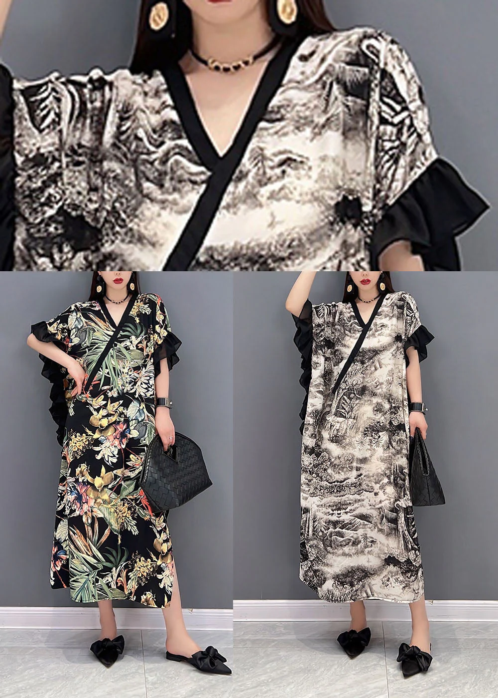 White Print Chiffon Party Dress V Neck Ruffled Butterfly Sleeve - Image 5