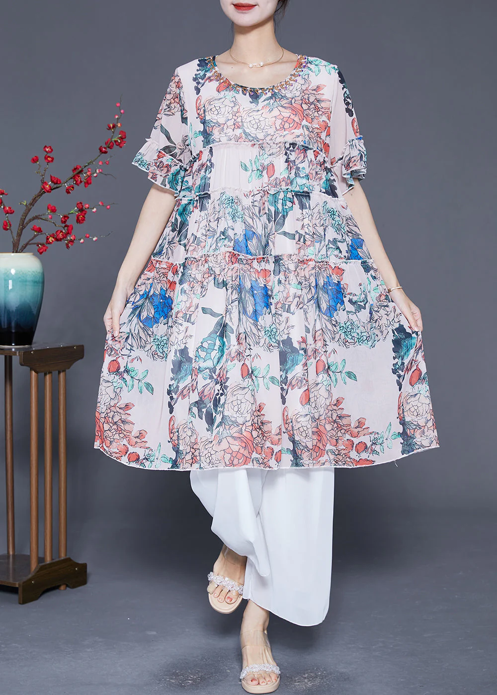 White Print Chiffon Vacation Dresses Ruffled Summer - Image 2