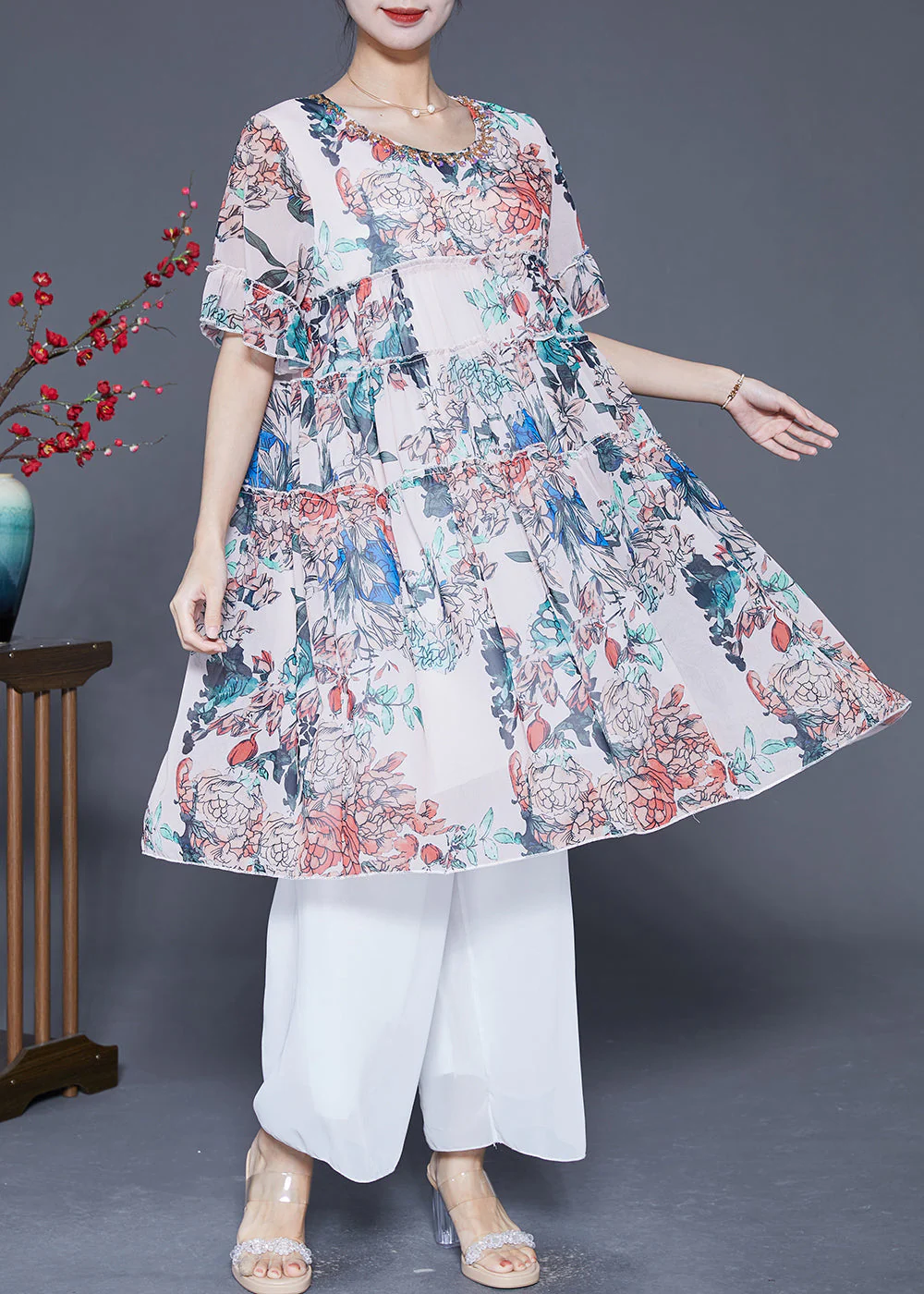 White Print Chiffon Vacation Dresses Ruffled Summer - Image 3