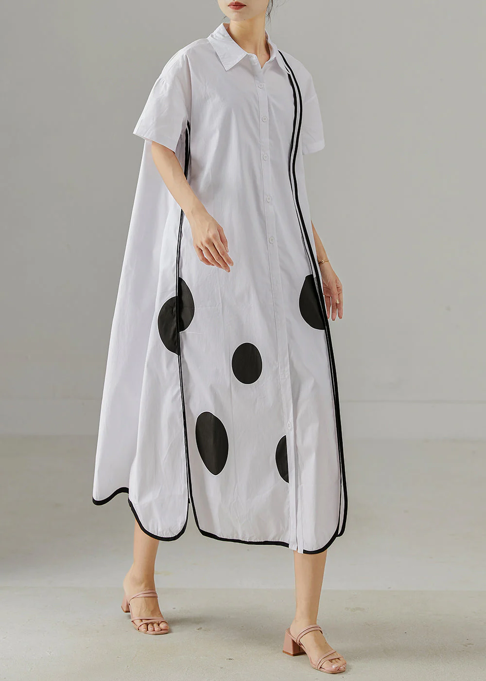 White Print Cotton Shirt Dress Oversized Side Open Summer - Image 3
