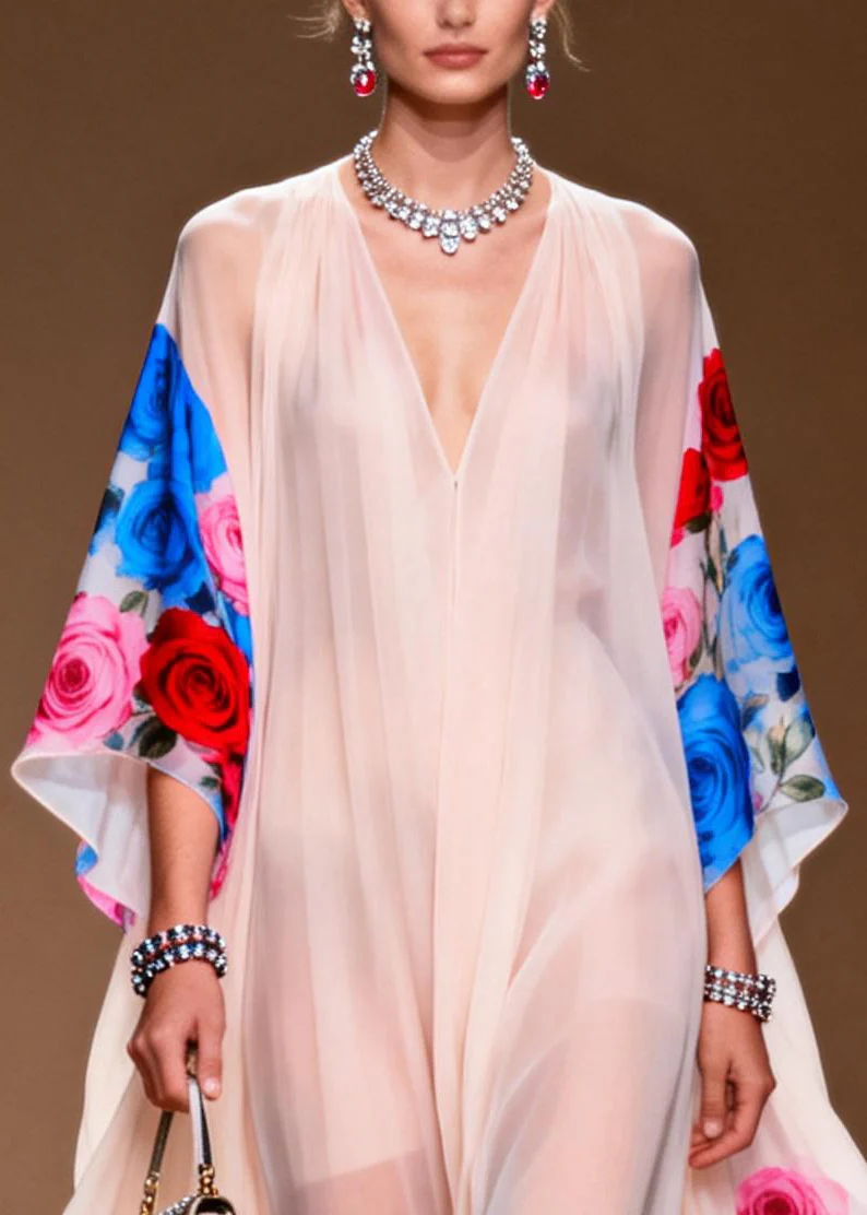 White Print Draping Chiffon Sheer Dresses Exra Large Hem Summer - Image 2