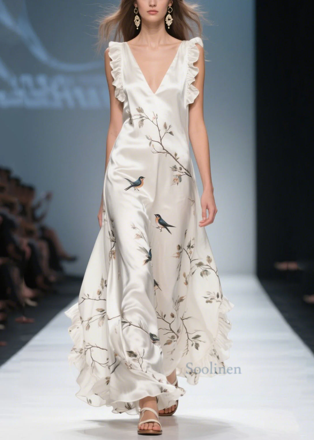 White Print Draping Silk Vacation Dresses Ruffled Summer - Image 3