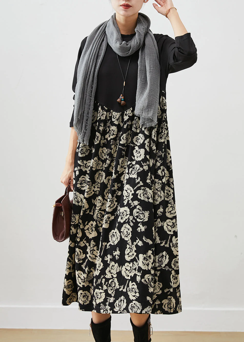 White Print Patchwork Cotton Holiday Dress Oversized Fall - Image 2