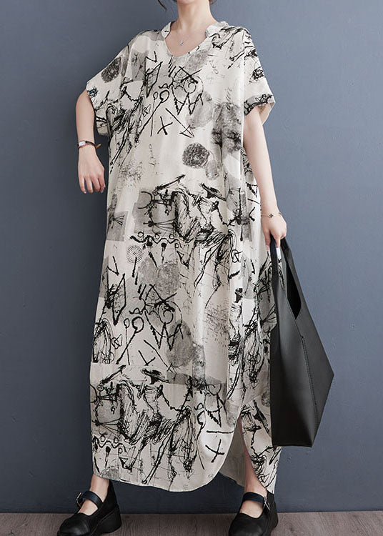 White Print Patchwork Long Cotton Dress V Neck Short Sleeve - Image 2