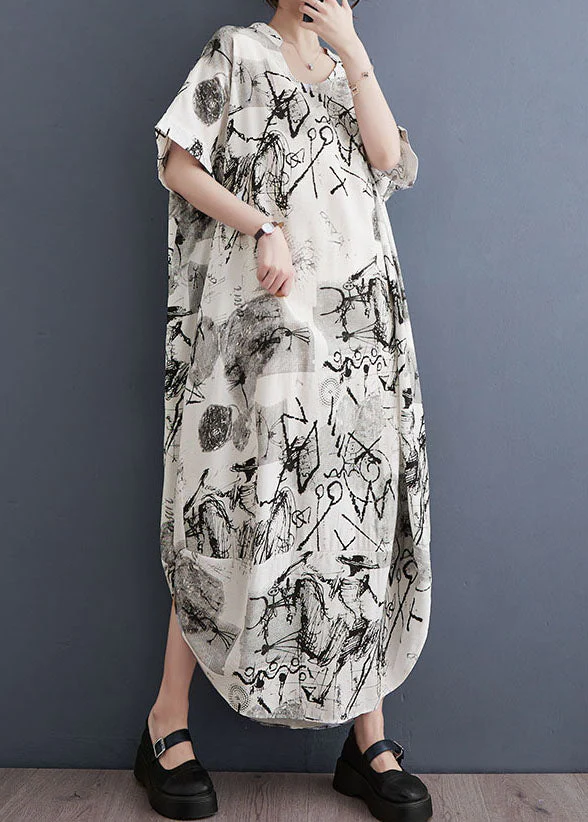 White Print Patchwork Long Cotton Dress V Neck Short Sleeve - Image 3