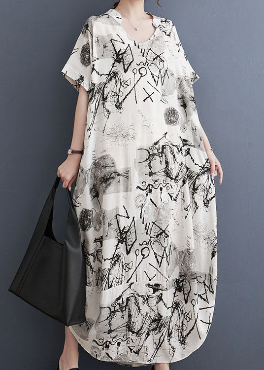 White Print Patchwork Long Cotton Dress V Neck Short Sleeve - Image 4