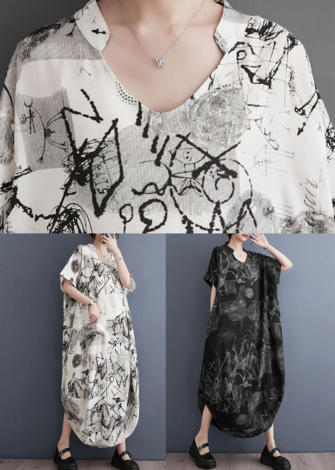 White Print Patchwork Long Cotton Dress V Neck Short Sleeve - Image 5