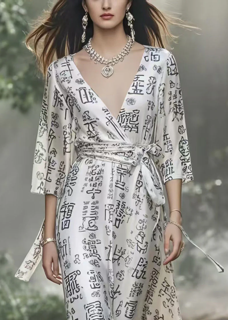 White Print Silk Vacation Dress Cinched Bracelet Sleeve - Image 2