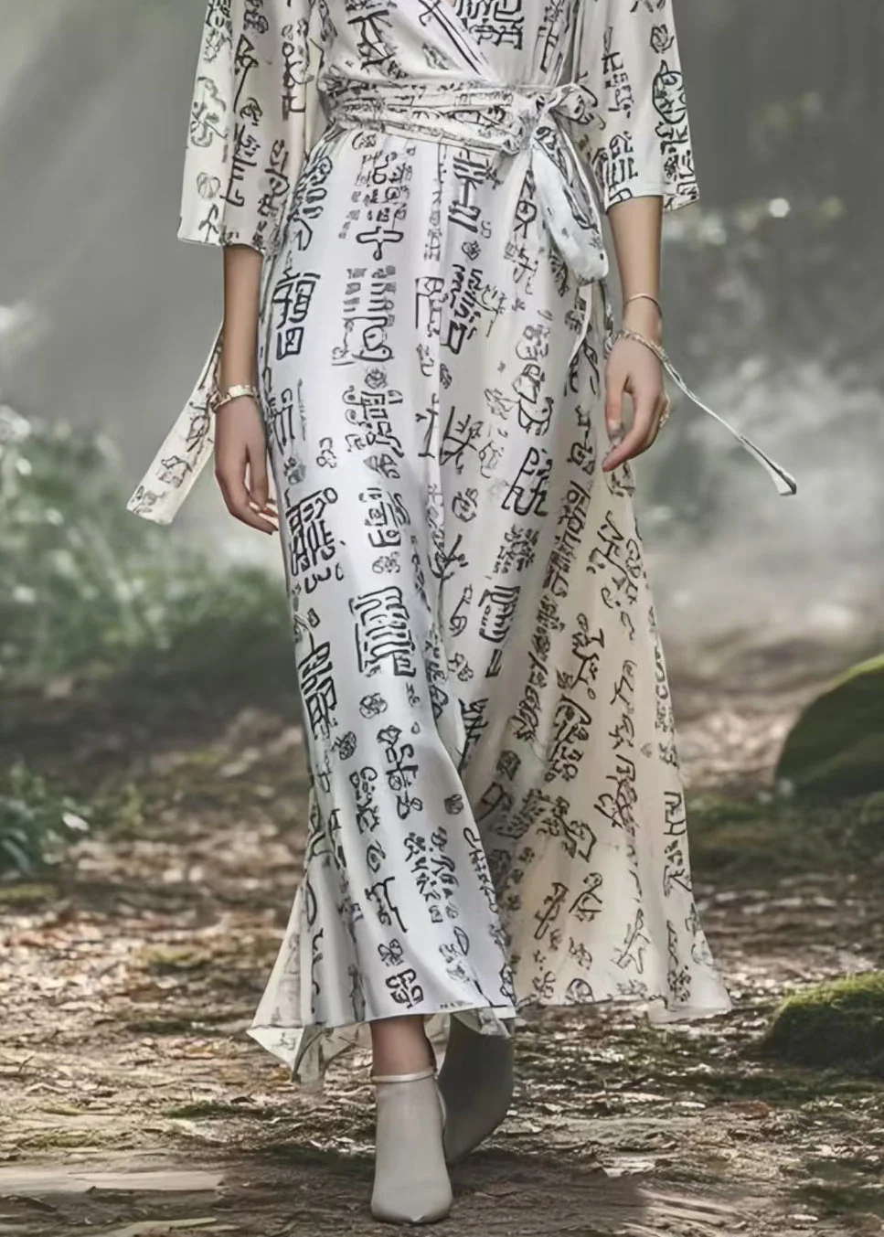 White Print Silk Vacation Dress Cinched Bracelet Sleeve - Image 4