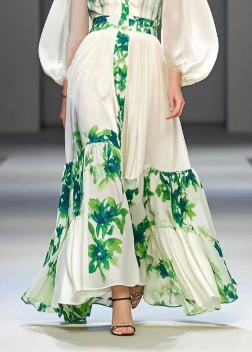 White Print Silk Vacation Dresses Exra Large Hem Lantern Sleeve - Image 4