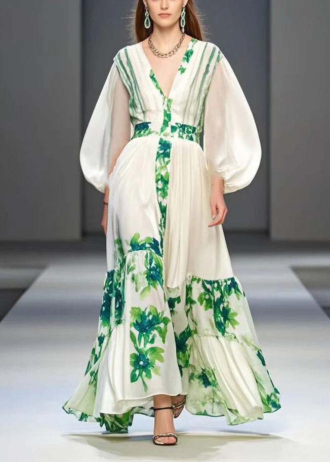 White Print Silk Vacation Dresses Exra Large Hem Lantern Sleeve - Image 5