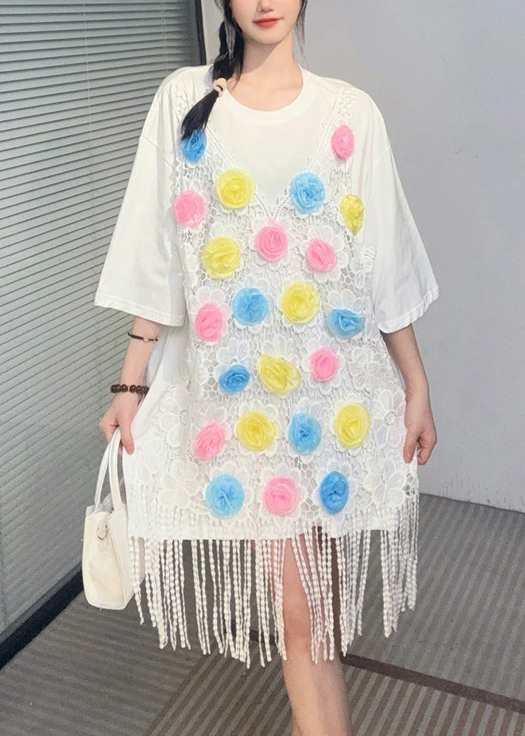 White Print Tassel Mid Dresses Short Sleeve - Image 3