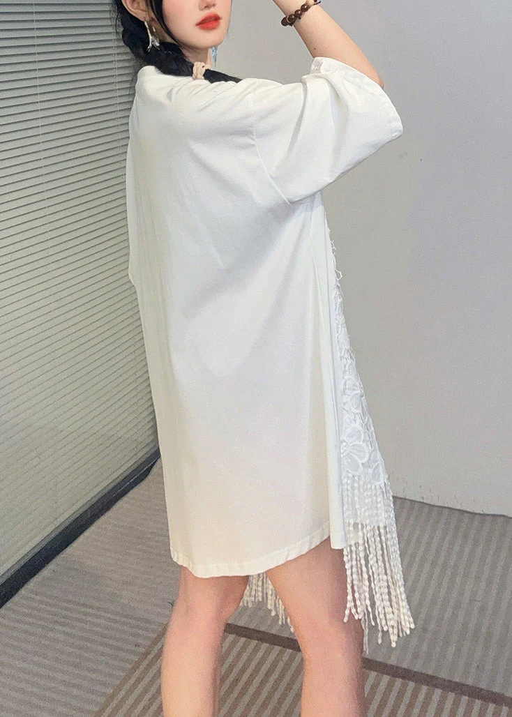 White Print Tassel Mid Dresses Short Sleeve - Image 4
