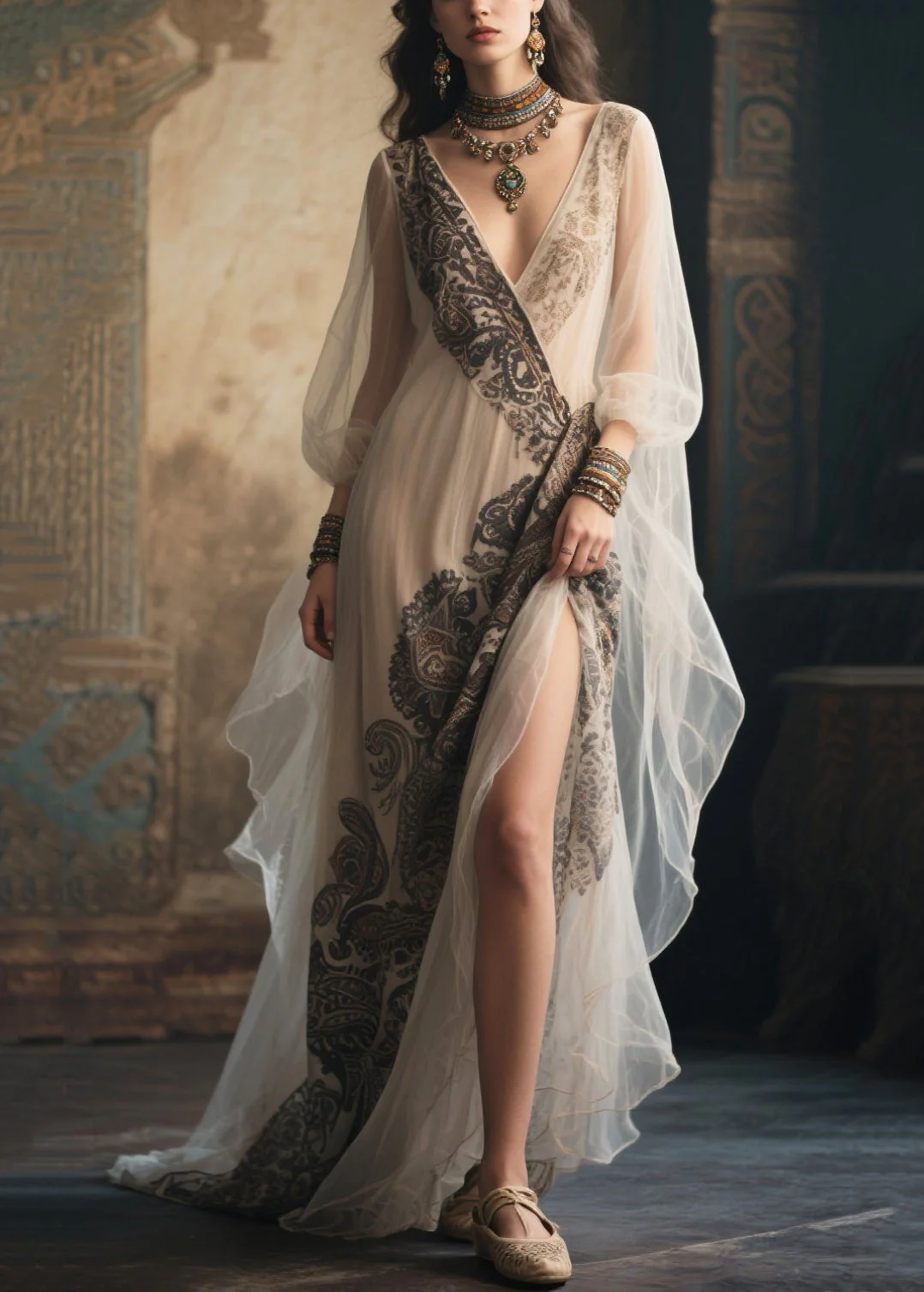 White Print Tulle Party Dress Exra Large Hem Side Open Summer - Image 5